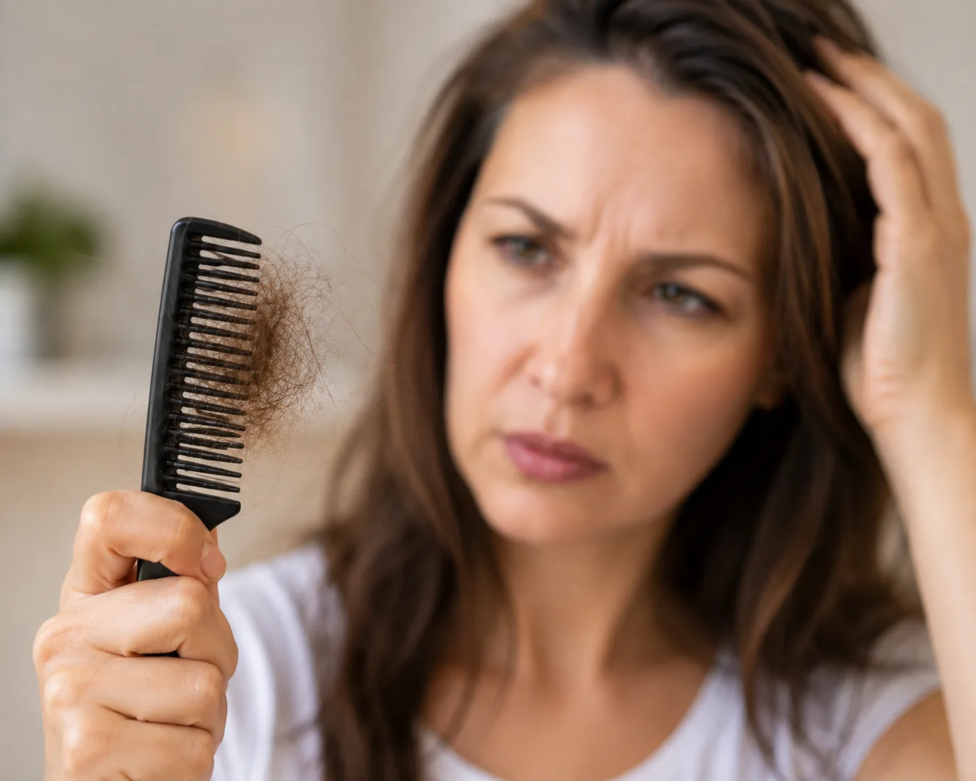 Woman noticing hair shedding in her comb