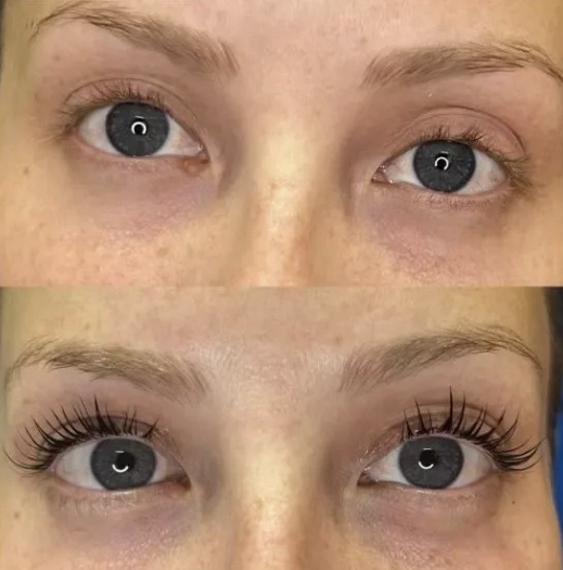 Lash lift before and after showing curled, lifted lashes