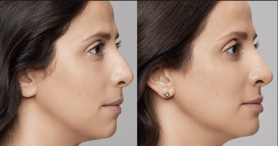 Non-surgical rhinoplasty before and after showing nose shape improvement