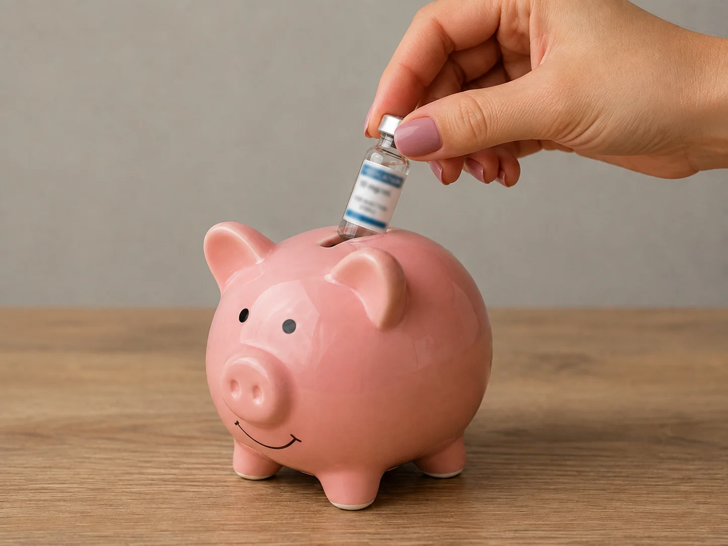 A medication vial being dropped into a pink piggy bank